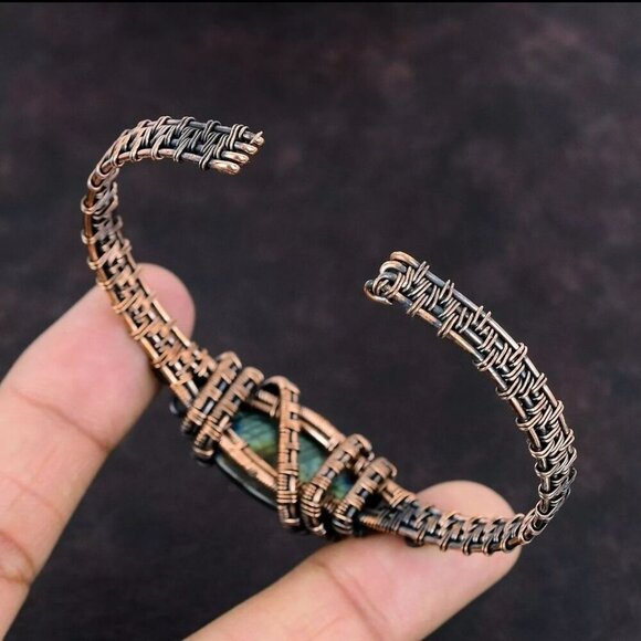 Handcrafted ✦ Copper Labradorite Bangle ✦ Wire‑Wrapped Adjustable Bracelet NWT - Picture 5 of 12